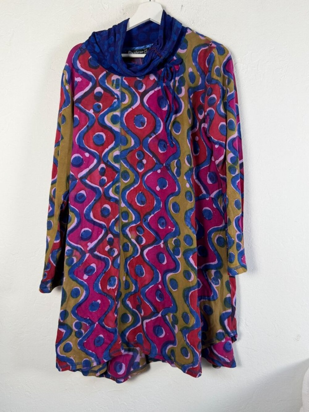 Winter Sun Tunic Dress Women's Batik Print Cowl Neck Long Sleeve Boho Artsy XL